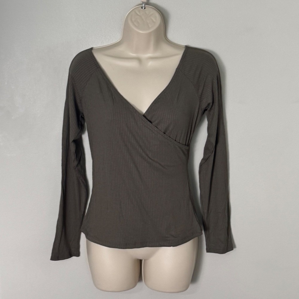 Lulus Ribbed Surplice Top Olive Sz L Long Sleeve V Neck Casual NWT
